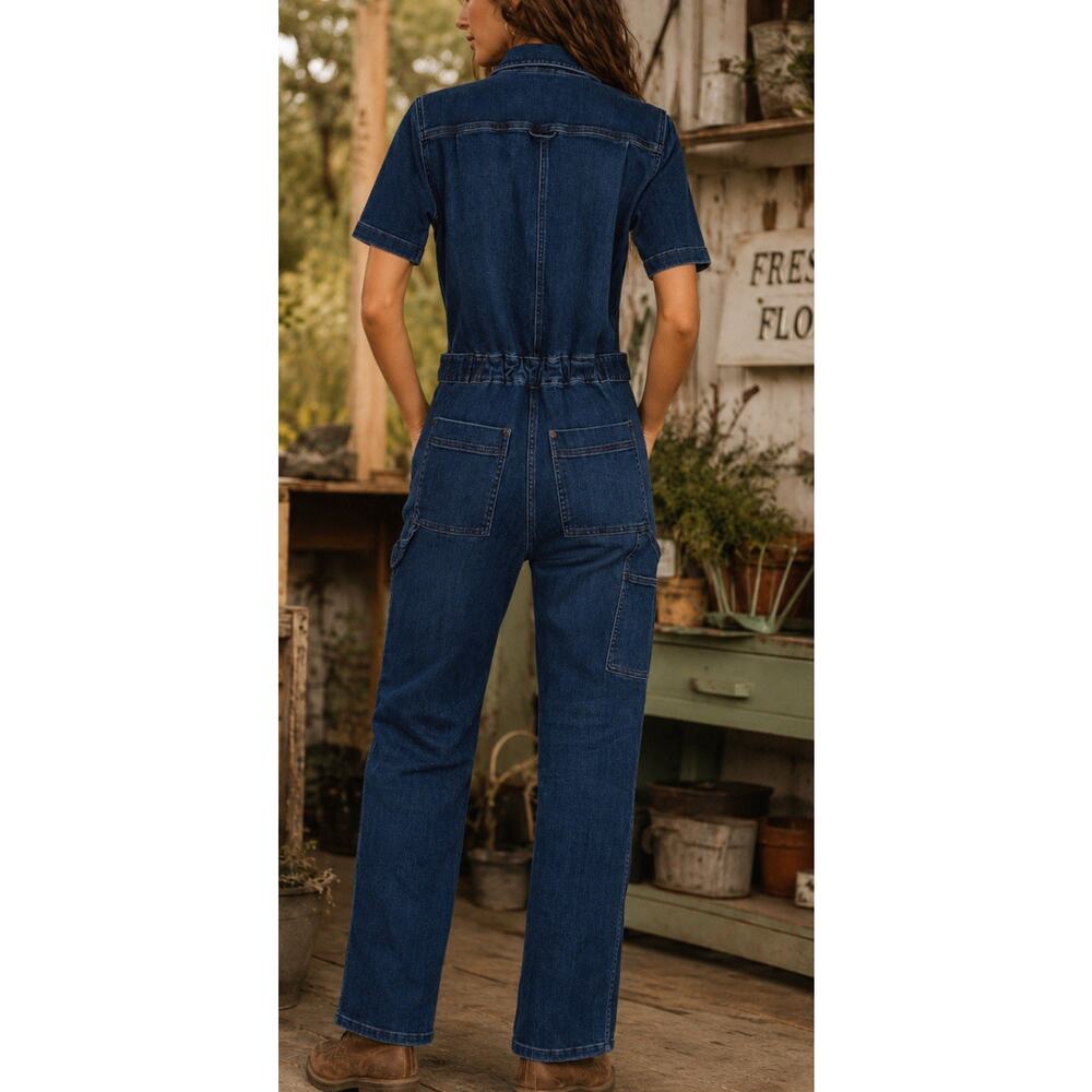 Duluth Trading Women’s Size 10 Short Sleeve Denim Jumpsuit Dark Wash Utility Bib - Picture 3 of 8